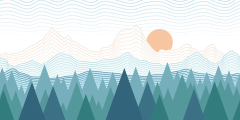 Wall Mural - Stylized landscape, abstract mountain view, forest and the setting sun, vector illustration