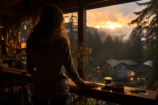 Woman's silhouette in the embrace of the sun's rays in a tranquil cabin setting, Generative AI