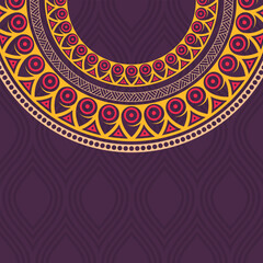 Wall Mural - Invitation graphic card with color mandala, round ornament. Purple, yellow, pink colors. For covers, flyers, poster, banners. Arabic, indian, turkish, ottoman motifs. Color vector illustration.