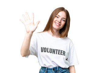 Poster - Young volunteer woman over isolated chroma key background counting five with fingers