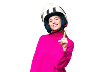 Poster - Young pretty woman with a motorcycle helmet over isolated chroma key background showing and lifting a finger