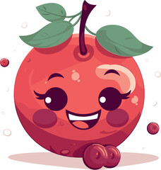 funny sweet cherry with a leaf in kawaii style. vector illustration