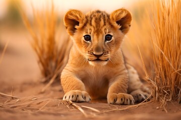 Wall Mural - cute and beautiful young kitten, lion cub in the wilderness. small african wild cat, savanna predato
