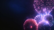 4K Loop Of Real Colorful Fireworks Festival In The Sky Display At Night During National Holiday, New Year Party Or Celebration Event. Glowing Fireworks Show. Eve Fireworks. Independence Day, 4 Of July
