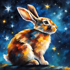 hare on the background of the night sky watercolor