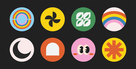 Wall Mural - collection of round retro stickers, y2k badges and labels with abstract colorful shapes. vector illu