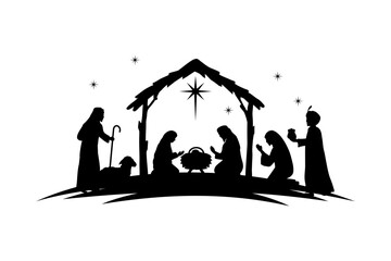 Wall Mural - Silhouette Christmas christian nativity scene, illustration Birth of Christ, Christmas Manger scene with baby jesus