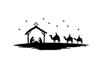 Silhouette Christmas christian nativity scene, illustration Birth of Christ