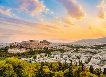 View Towards Acropolis At Sunrise, Athens, Attica, Greece