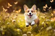 A corgi puppy chasing butterflies in a meadow