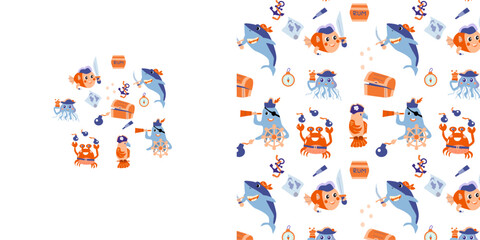 Pirate party vector print and seamless pattern. Vector illustration of cute ocean animals. Pirate party pattern for boy birthday party. Can used for textile, poster, wallpaper, menu background