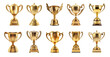 Generative AI, PNG set of 10 trophy cup. Champion trophy, shiny golden cup, sport award. Winner prize	
