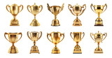Fototapeta  - Generative AI, PNG set of 10 trophy cup. Champion trophy, shiny golden cup, sport award. Winner prize	
