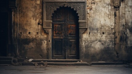 Canvas Print - A door to a building with an old wooden frame, AI