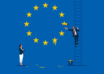 Wall Mural - Politician climb up ladder to paint of flag European Union. European Union happiness. Vector illustration