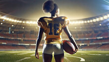 American Woman Football Player Holding A Football Ball, American Stadium Background, Super Bowl Sunday.Rear View.
