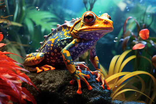 A lifelike illustration of a rainforest frog, with vibrant colors and skin textures rendered in hyperrealistic fashion.