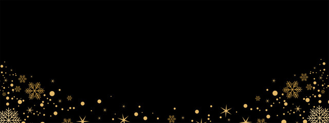 Wall Mural - Golden decoration festive border falling glitter dust, snow and stars. Merry Christmas sale banner. Gold snowflake on black background. Vector illustration EPS 10