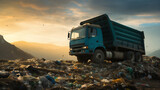 Fototapeta  - Garbage Truck Parked On The Pile Of Rubbish 