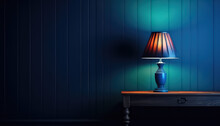 Lampshade Lamp On Table On Blue Wall Background