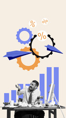 Wall Mural - Businessman sitting and working with analytics, financial strategies. Deadlines. Too many tasks. Contemporary art collage. Concept of efficiency, business, office, workflow, challenges