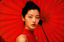 Asian Woman In A Red Dress Holding A Red Umbrella Created With Generative AI Technology