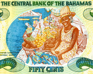 Wall Mural - Fragment of Bahamas 50 Cents banknote (2001). Sister Sarah in the Nassau Market