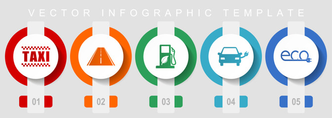 Fototapete - Renewables, transport flat design icon set, miscellaneous icons such as taxi, road, bio fuel, electric car and eco sign, vector infographic template, web buttons collection