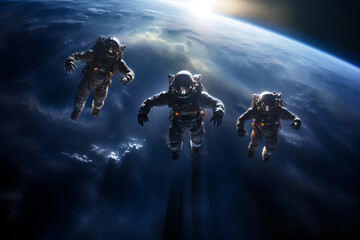 Wall Mural - three spacemen or astronauts floating on background of the earth