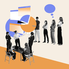 Wall Mural - Business meeting, briefing. Employees, colleagues meeting for project discussion, working with analytics and strategies. Contemporary art collage. Concept of efficiency, business, office, workflow