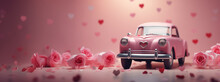 
Pink Retro Car With Hearts On A Pastel Background. Card For Valentine's Day