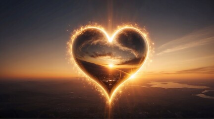 Wall Mural - Glowing golden heart in the sky. Transparent reflective surface, sunset time
