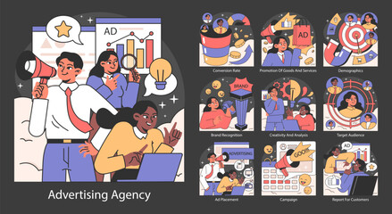 Dynamic advertising agency concept. Teams engage in creative strategy, media planning, and campaign execution. Insightful analytics and target audience identification. Flat vector illustration.