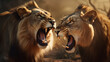 Close-up of a Lion and Lioness roaring at each other. Generative AI