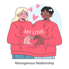 Wall Mural - Monogamous relationship. United in exclusive affection, cute interracial couple sharing a sweater and hearts. Faithful monogamy. Flat vector illustration.