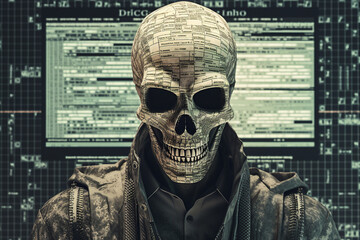 Generative AI portrait hacker in dark room secret organization community specialists