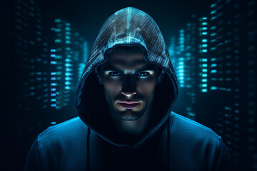 Generative AI portrait hacker in dark room secret organization community specialists
