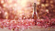 Bottle of rose champagne with golden confetti on bokeh background