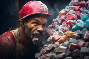 Generative AI surreal picture of male worker in mine cave find bright gemstones and minerals