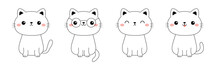 Cat Set. Sitting Kitten In Glasses, Sleeping, Happy Kitty. Face Line Contour Silhouette Icon. Funny Kawaii Smiling Doodle Animal. Cute Cartoon Baby Pet Character. Flat Design. White Background.
