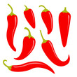 Chili hot pepper icon set. Fresh red chili cayenne peppers. Hot food spices. Sticker print template. Flat design. White background. Isolated.