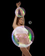 © Lustre Art Group  - Contemporary art collage. Portrait of female naked body in lingerie against black background and soap bubble highlight her perfect body shapes.