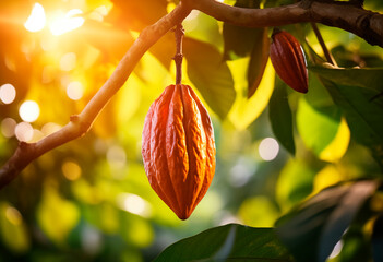 Wall Mural - Cocoa pod hanging on tree, cacao harvesting blurred background with copy space