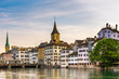 Scenic view of historic Zurich city center with famous Fraumunster and river Limmat at Lake Zurich,Switzerland