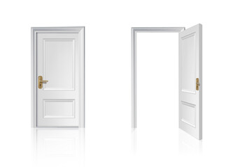 3d realistic vector icon illustration. white wooden entrance door closed and opened. isolated.