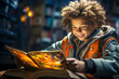 Joyful cute afro american child with curly hair is engrossed in a glowing book, the light casting a magical aura, symbolizing the wonder and adventure found in reading and learning