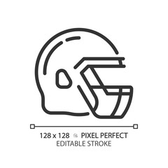 Poster - American football helmet linear icon. Football gridiron uniform element. Head safety. Headgear accessory. Thin line illustration. Contour symbol. Vector outline drawing. Editable stroke