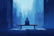 Man sitting on a bench in blue world of sadness 