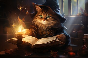 Wall Mural - A Wizard kitten cat illustration studying magic scroll