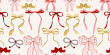 Fototapeta Pokój dzieciecy - Seamless pattern with various cartoon bow knots, gift ribbons. Trendy hair braiding accessory. Hand drawn vector illustration. Valentine's day background.